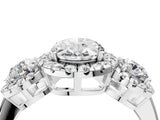 Silver Oval Cut Diamond Three-Stone Halo Ring with Prong Setting and Pavé Accents_17