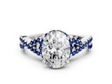 Silver Oval Cut Diamond with Blue Sapphire side stone Halo Twist Band Solitaire Prong Setting Ring