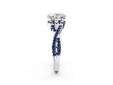 Silver Oval Cut Diamond with Blue Sapphire side stone Halo Twist Band Solitaire Prong Setting Ring_2