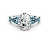 Silver Oval Cut Diamond with Blue Topaz side stone Halo Twist Band Solitaire Prong Setting Ring