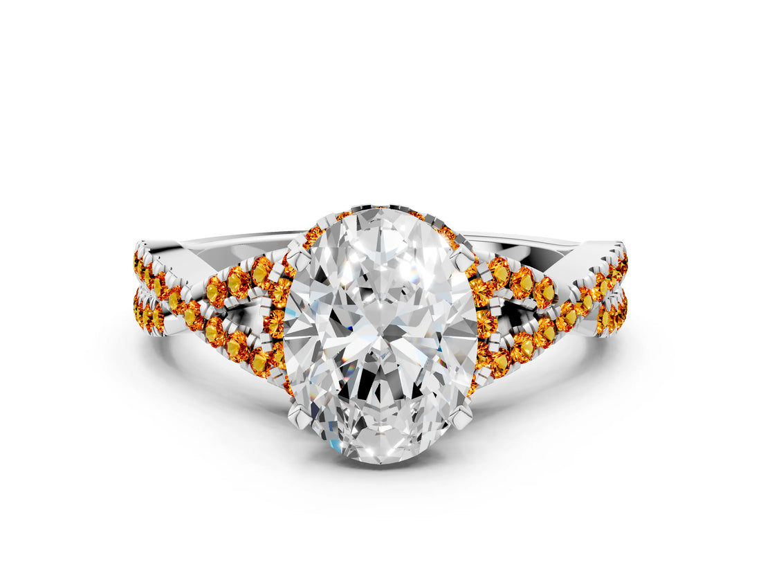 Silver Oval Cut Diamond with Citrine side stone Halo Twist Band Solitaire Prong Setting Ring
