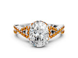 Silver Oval Cut Diamond with Citrine side stone Halo Twist Band Solitaire Prong Setting Ring
