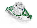 Silver Oval Cut Diamond with Emerald side stone Halo Twist Band Solitaire Prong Setting Ring_1