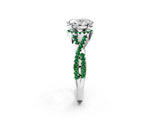 Silver Oval Cut Diamond with Emerald side stone Halo Twist Band Solitaire Prong Setting Ring_2