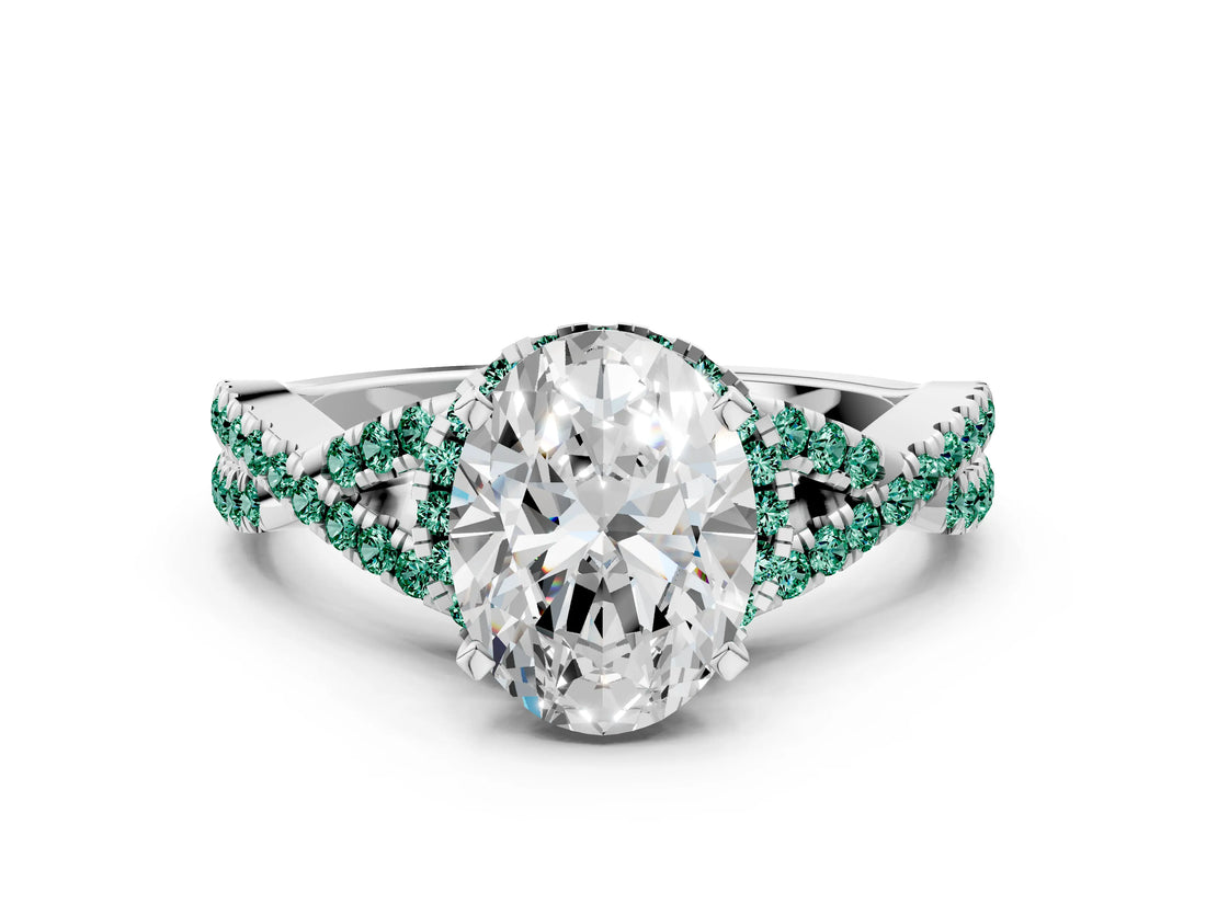 Silver Oval Cut Diamond with Green Sapphire side stone Halo Twist Band Solitaire Prong Setting Ring