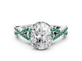 Silver Oval Cut Diamond with Green Sapphire side stone Halo Twist Band Solitaire Prong Setting Ring