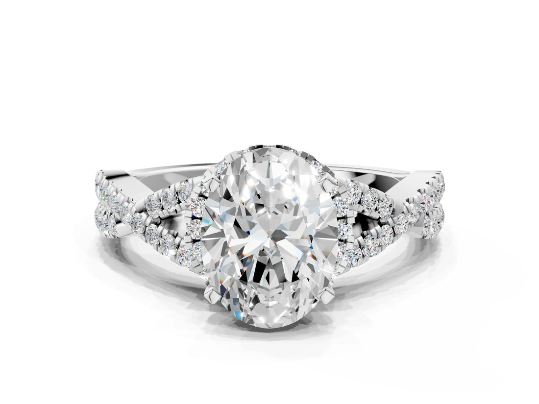 Silver Oval Cut Diamond with Moissanite side stone Halo Twist Band Solitaire Prong Setting Ring
