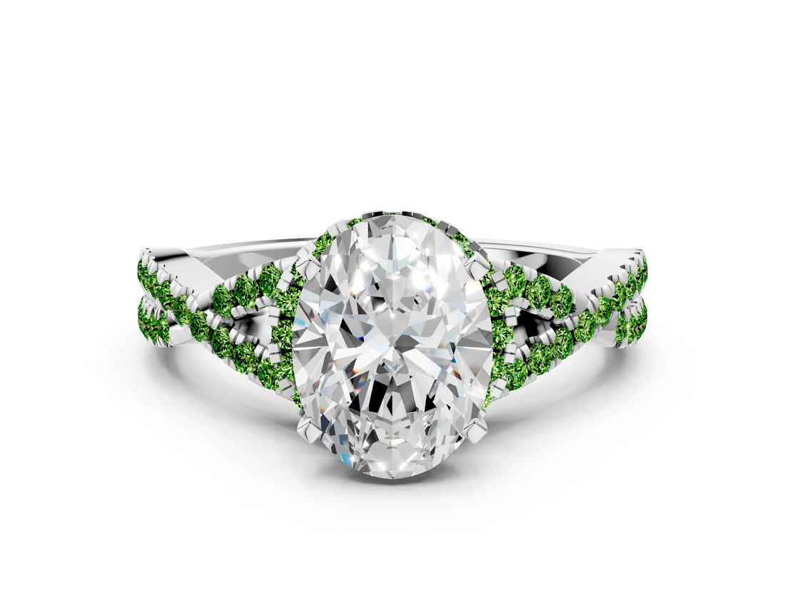 Silver Oval Cut Diamond with Peridot side stone Halo Twist Band Solitaire Prong Setting Ring