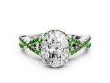 Silver Oval Cut Diamond with Peridot side stone Halo Twist Band Solitaire Prong Setting Ring