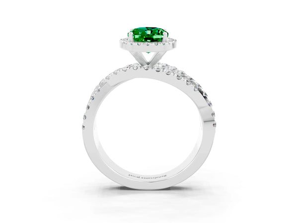 Sterling Silver Oval Lab-Grown Emerald Halo Engagement Ring with Twisted Pave Split Shank