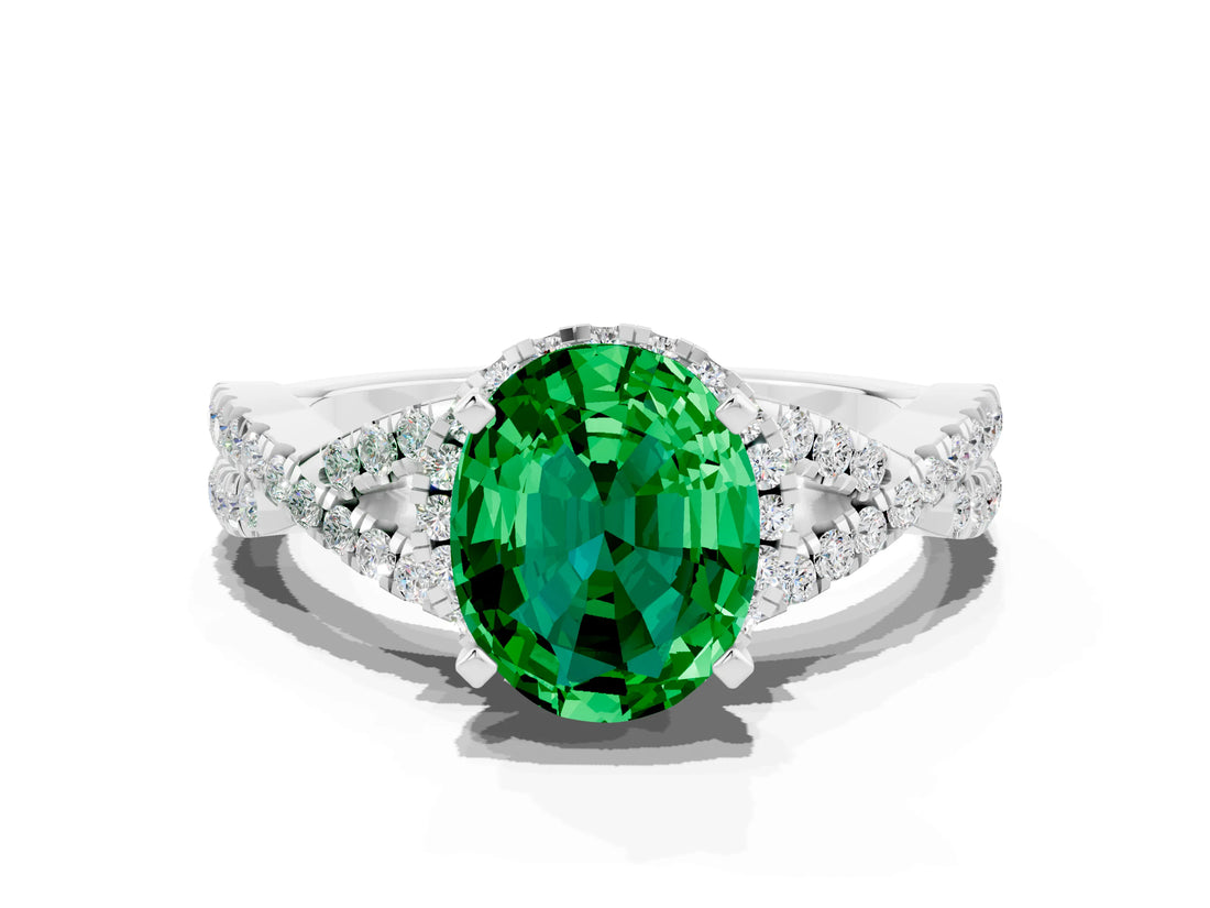 Silver Oval Cut Emerald  Halo Twist Band Solitaire Prong Setting Ring_12