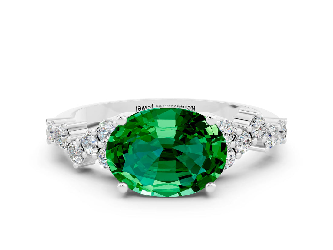 Silver Oval Cut Emerald Scattered Round Accent Ring with Prong Setting_30