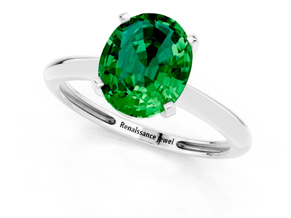 Silver Oval Cut Emerald Solitaire Engagement Ring with Classic Band and Four-Prong Setting
