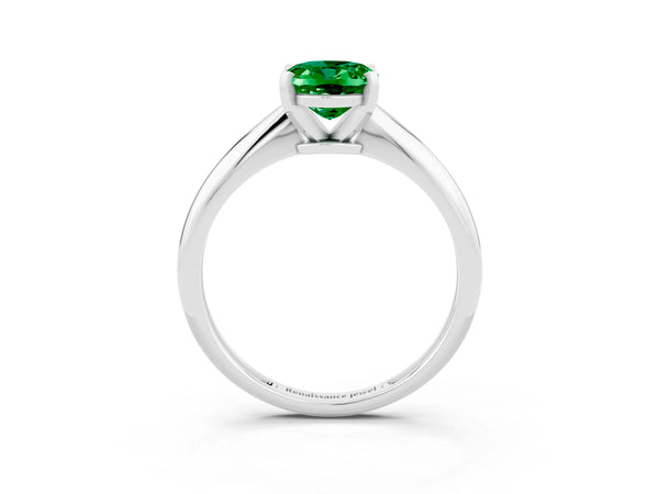 Silver Oval Cut Emerald Solitaire Engagement Ring with Classic Band and Four-Prong Setting