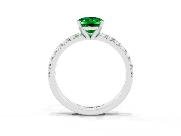 Sterling Silver Oval Lab-Grown Emerald Solitaire Engagement Ring with Large Round Accent Band