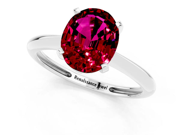 Silver Oval Cut Garnet Solitaire Engagement Ring with Classic Band and Four-Prong Setting