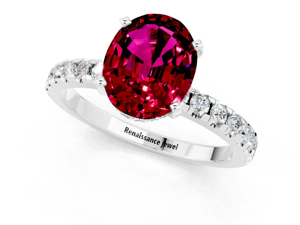 Silver Oval Cut Garnet Solitaire Ring with Round Pavé Band and Four-Prong Setting