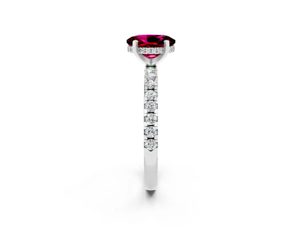 Silver Oval Cut Garnet Solitaire Ring with Round Pavé Band and Four-Prong Setting