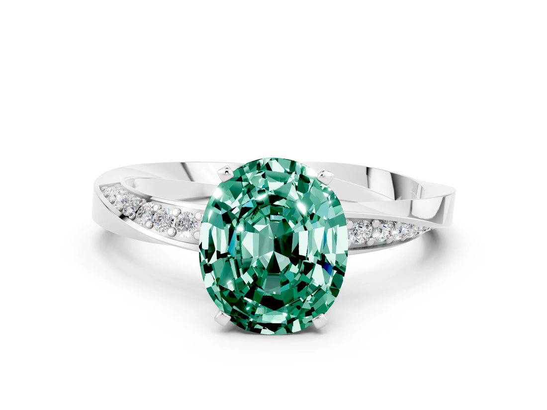 Silver Oval Cut Green Sapphire Engagement Ring with Side Stone Accents and Four-Prong Setting_12
