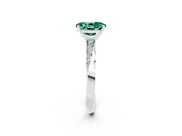 Silver Oval Cut Green Sapphire Engagement Ring with Side Stone Accents and Four-Prong Setting
