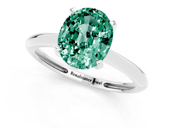 Silver Oval Cut Green Sapphire Solitaire Engagement Ring with Classic Band and Four-Prong Setting