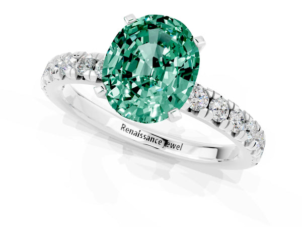 Silver Oval Cut Green Sapphire Solitaire Pavé Engagement Ring with Round Band and Prong Setting