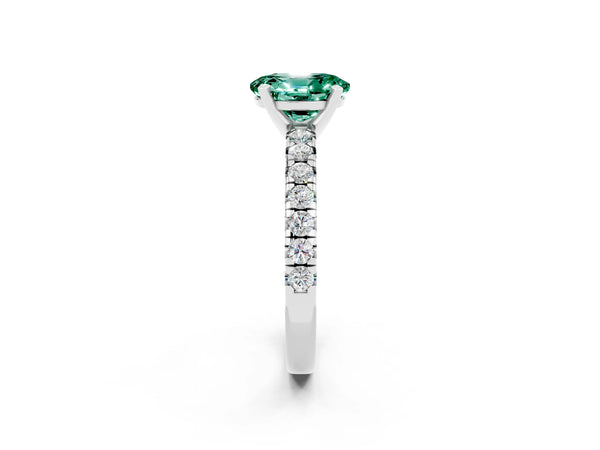 Silver Oval Cut Green Sapphire Solitaire Pavé Engagement Ring with Round Band and Prong Setting
