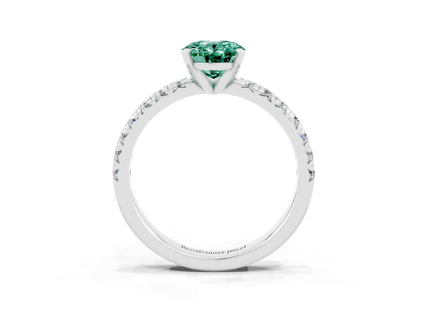 Silver Oval Cut Green Sapphire Solitaire Pavé Engagement Ring with Round Band and Prong Setting