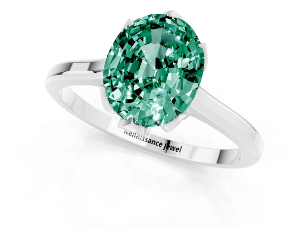 Silver Oval Cut Green Sapphire Solitaire Ring with Flower Prong Setting and Classic Band