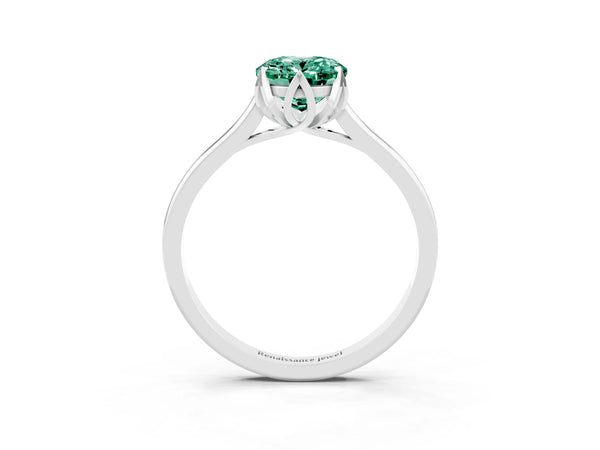 Silver Oval Cut Green Sapphire Solitaire Ring with Flower Prong Setting and Classic Band