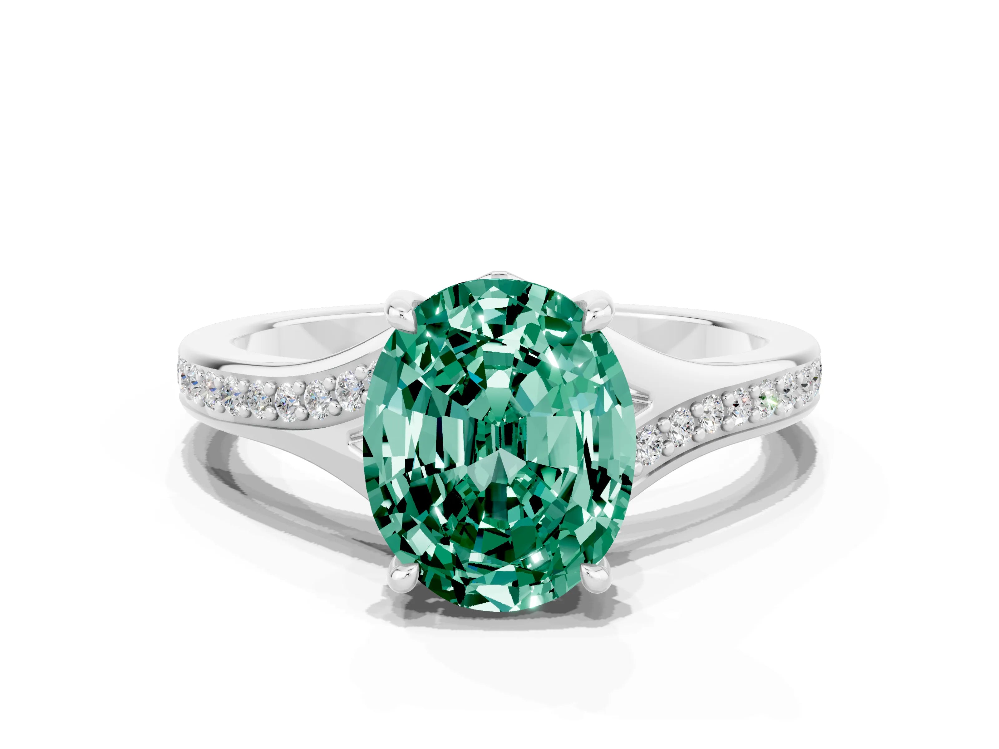 Silver Oval Cut Green Sapphire Solitaire Ring with Pavé Band and Prong Setting_12