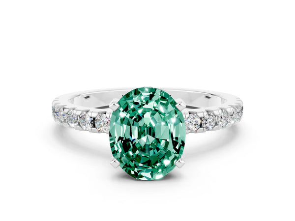 Silver Oval Cut Green Sapphire Solitaire Ring with Round Pavé Band and Four-Prong Setting