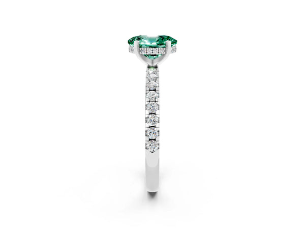 Silver Oval Cut Green Sapphire Solitaire Ring with Round Pavé Band and Four-Prong Setting