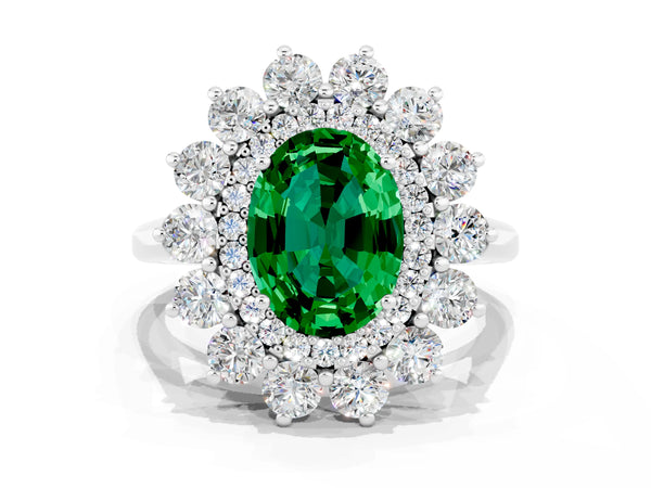 Silver Oval Cut Emerald Floral Double Halo Engagement Ring with Prong Setting