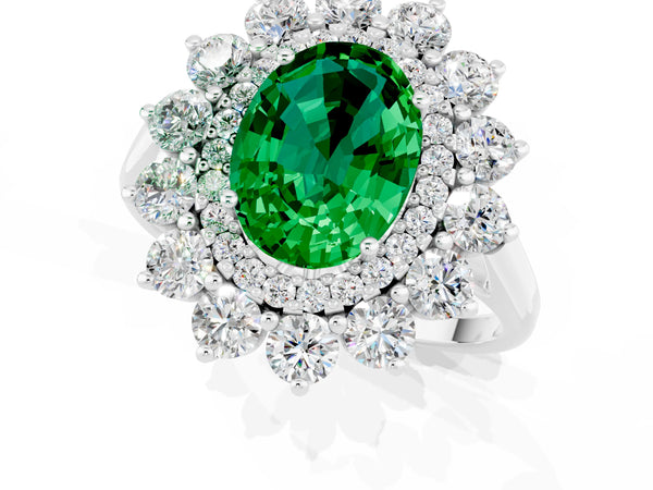 Silver Oval Cut Emerald Floral Double Halo Engagement Ring with Prong Setting