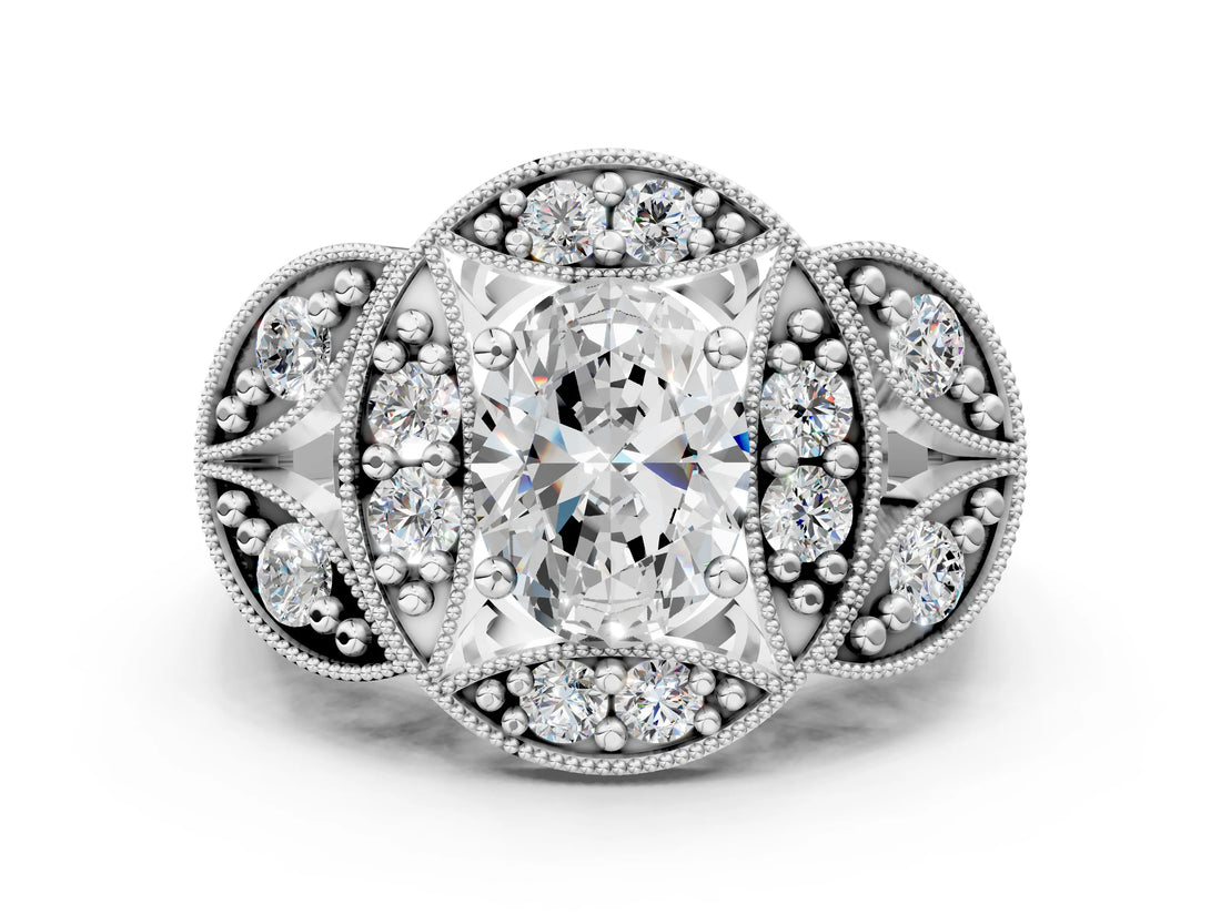 Silver Oval Cut Halo Milgrain Diamond Engagement Ring with Leaf Band and Four-Prong Setting_7