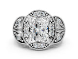 Silver Oval Cut Halo Milgrain Diamond Engagement Ring with Leaf Band and Four-Prong Setting_7