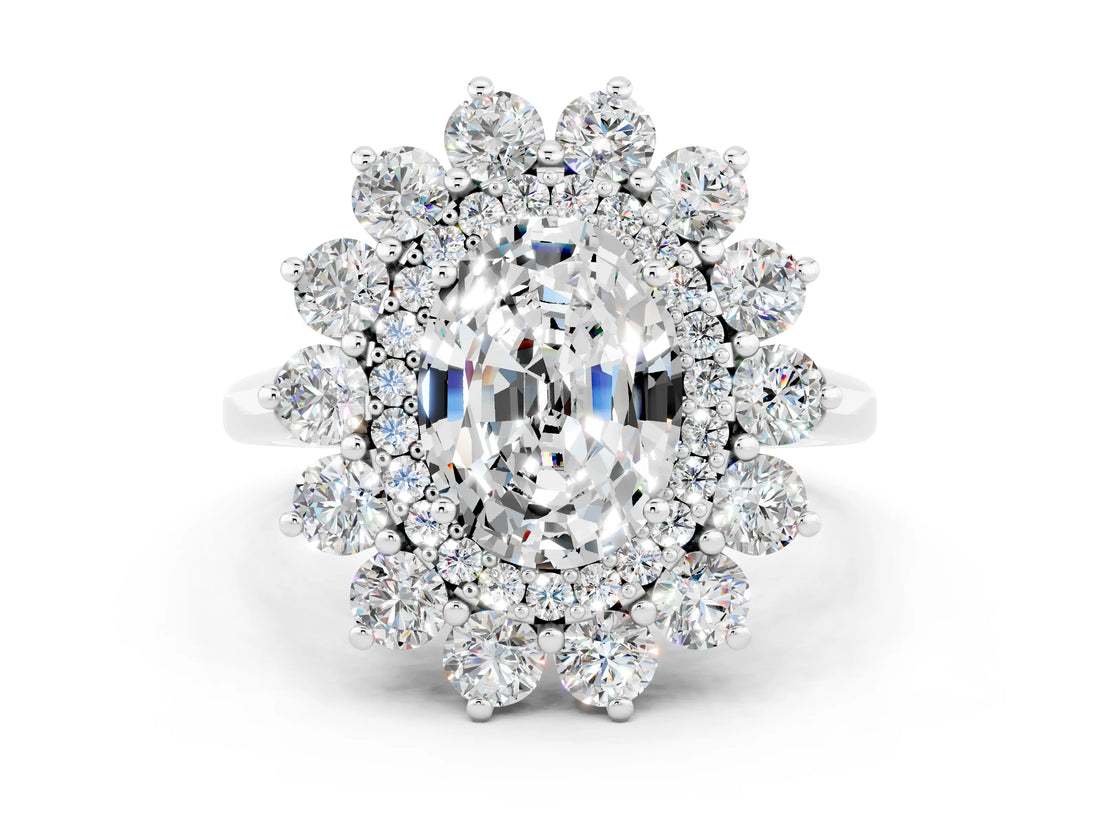 Silver Oval Cut Moissanite Floral Double Halo Engagement Ring with Prong Setting_132