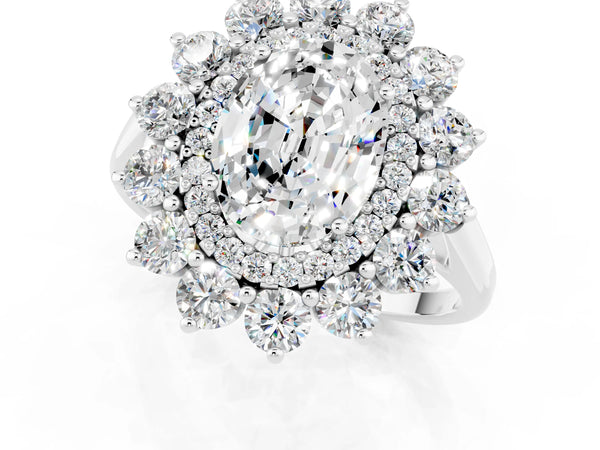 Silver Oval Cut Moissanite Floral Double Halo Engagement Ring with Prong Setting