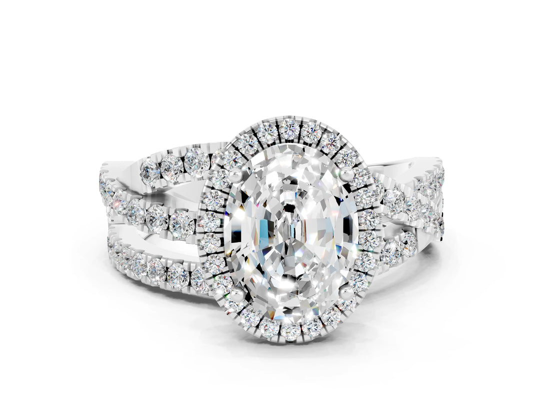 Silver Oval Cut Moissanite Halo Ring with Round Split Shank and Prong Setting_66