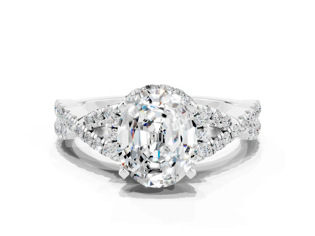Silver Oval Cut Moissanite  Halo Twist Band Solitaire Prong Setting Ring_12