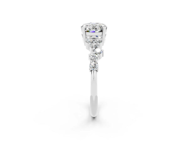 Silver Oval Cut Moissanite Scattered Round Accent Ring with Prong Setting