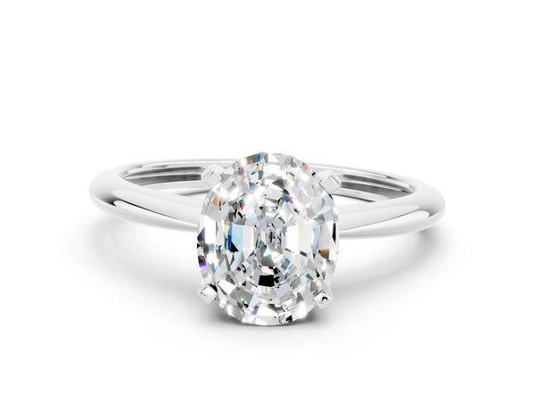Silver Oval Cut Moissanite Solitaire Engagement Ring with Classic Band and Four-Prong Setting
