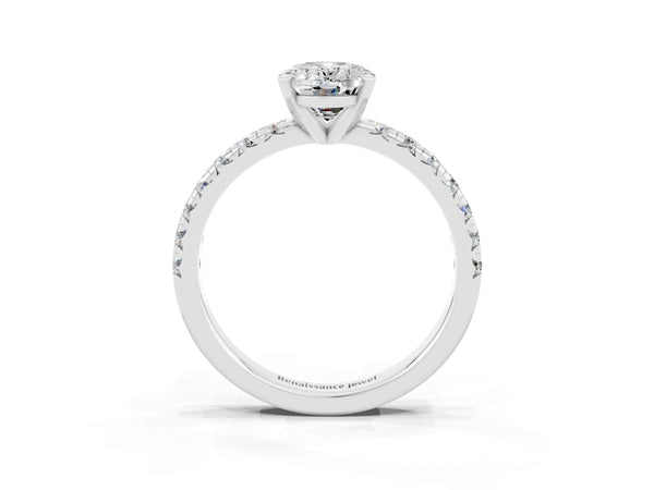 Silver Oval Cut Moissanite Solitaire Pavé Engagement Ring with Round Band and Prong Setting