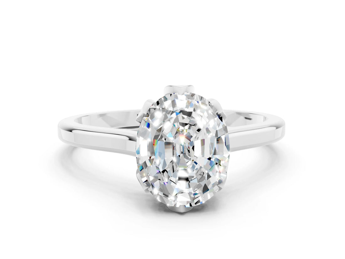 Silver Oval Cut Moissanite Solitaire Ring with Flower Prong Setting and Classic Band