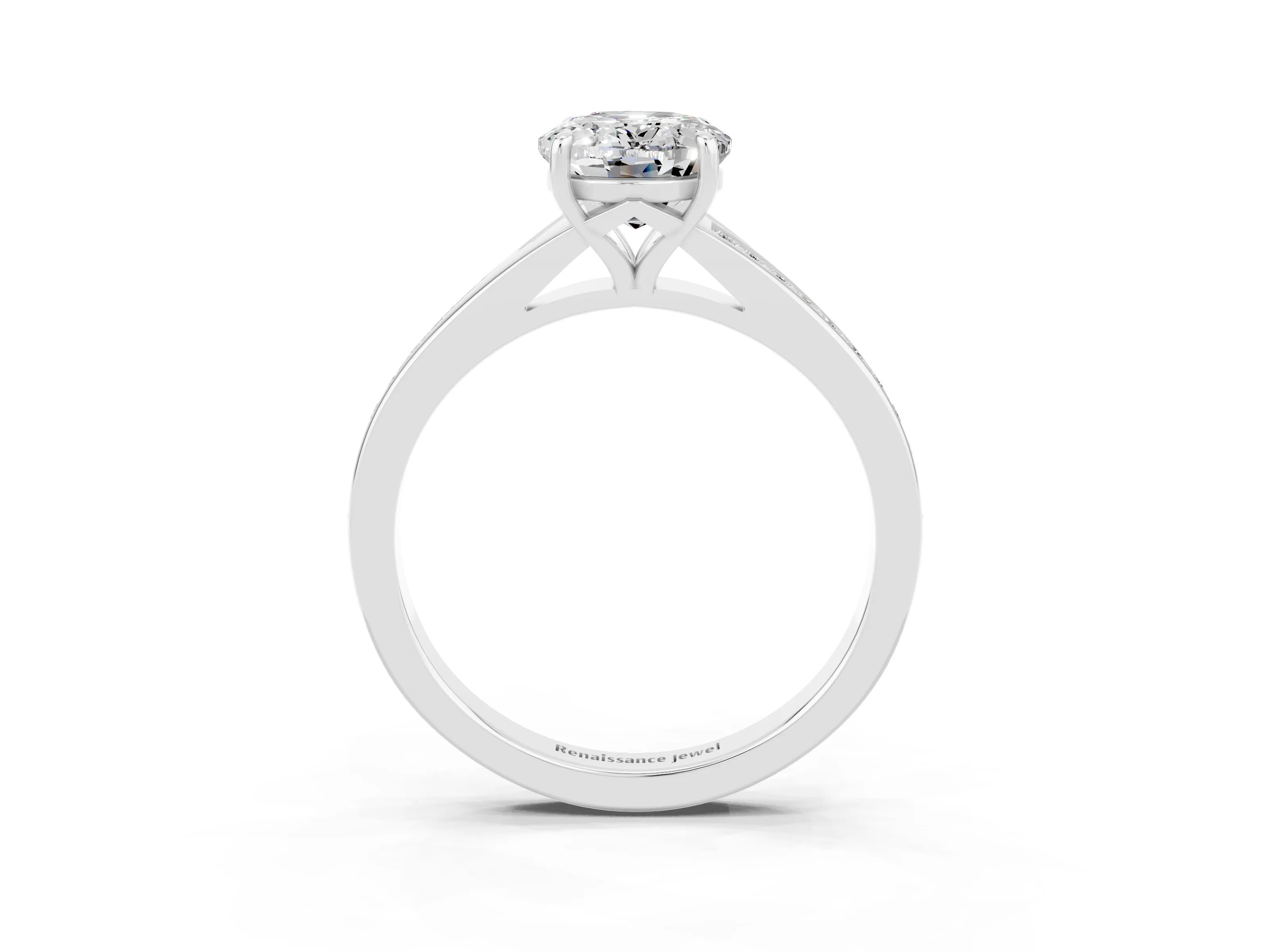 Silver Oval Cut Moissanite Solitaire Ring with Pavé Band and Prong Setting_15