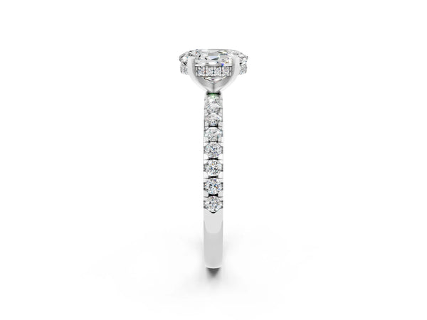 Silver Oval Cut Moissanite Solitaire Ring with Round Pavé Band and Four-Prong Setting