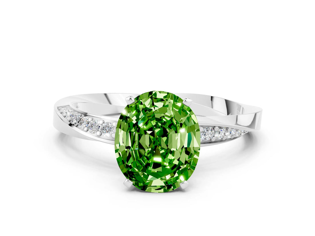 Silver Oval Cut Peridot Engagement Ring with Side Stone Accents and Four-Prong Setting_12