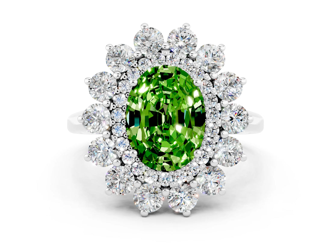 Silver Oval Cut Peridot Floral Double Halo Engagement Ring with Prong Setting_186