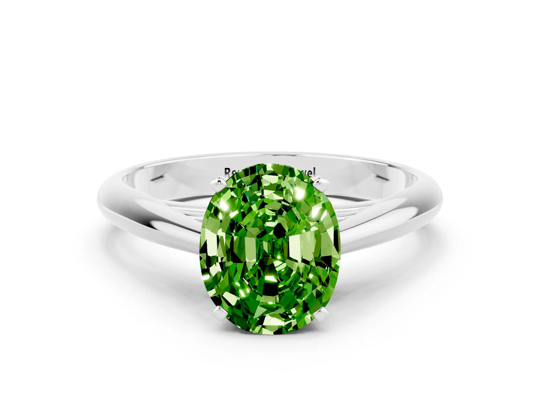 Silver Oval Cut Peridot Solitaire Engagement Ring with Cathedral Setting and Four-Prong Mount